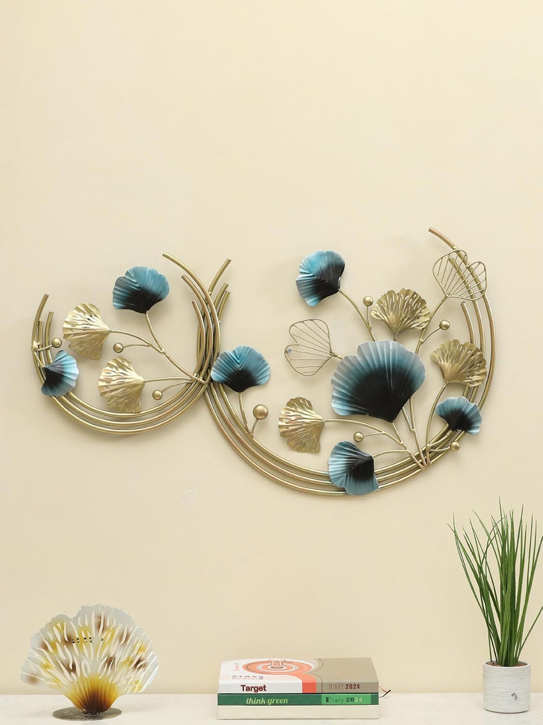 

vedas Mystic Indiana Gold Toned & Blue Textured Metal Tyra Leaf Wall Decor