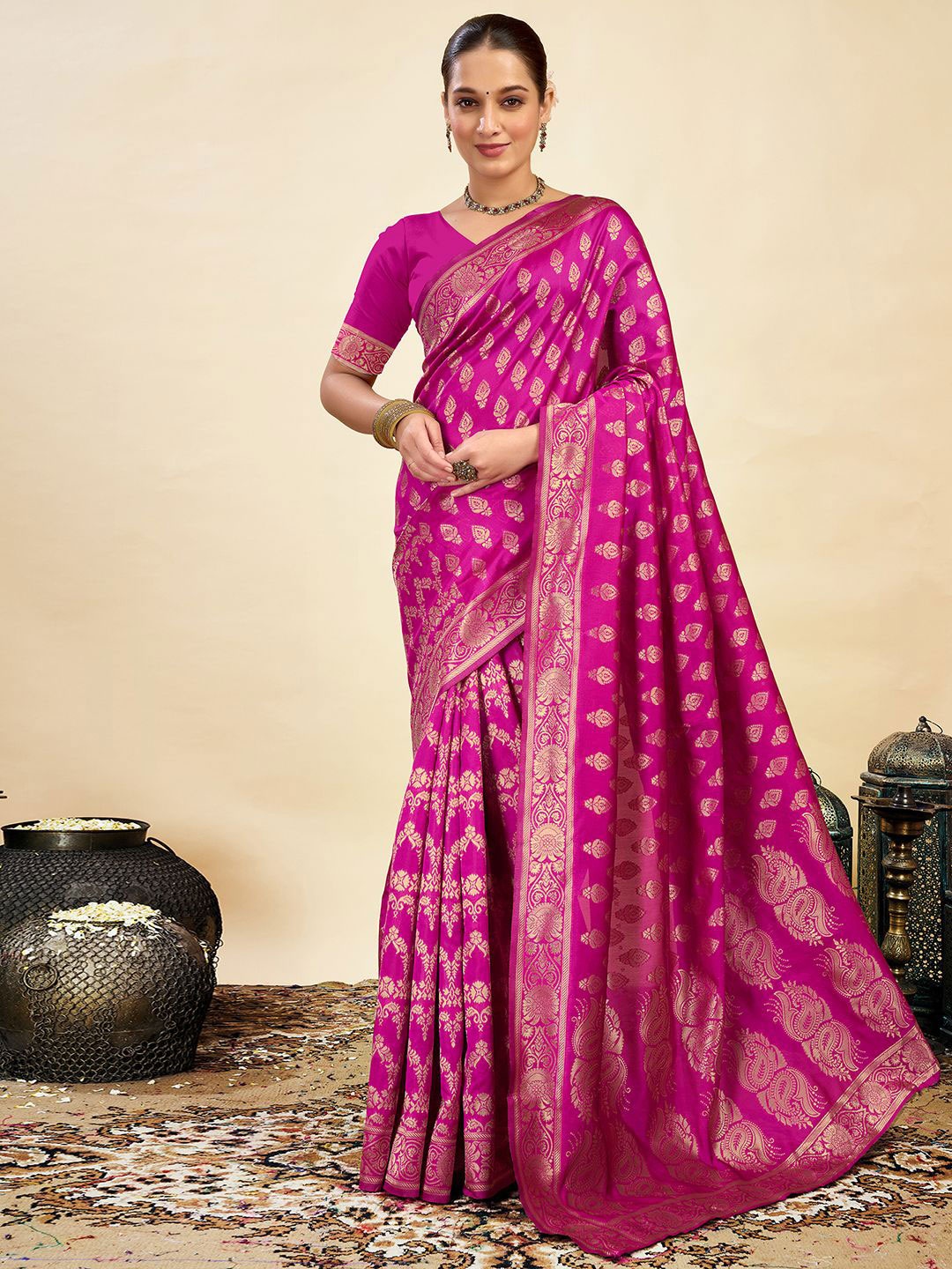 

KALINI Ethnic Motifs Woven Design Banarasi Saree, Pink