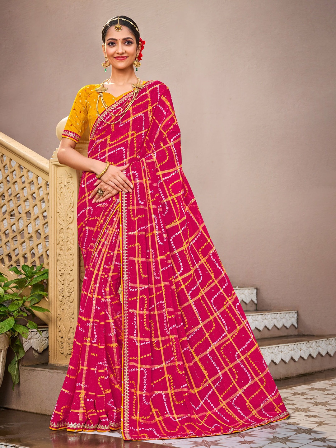 

Laxmipati Printed Bandhani Saree, Pink