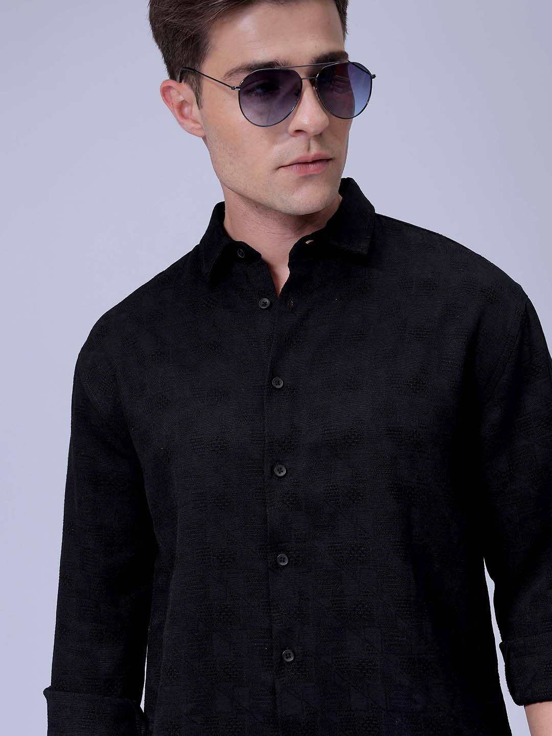 

The Indian Garage Co Men Relaxed Fit Dobby Textured Resortwear Shirt, Black