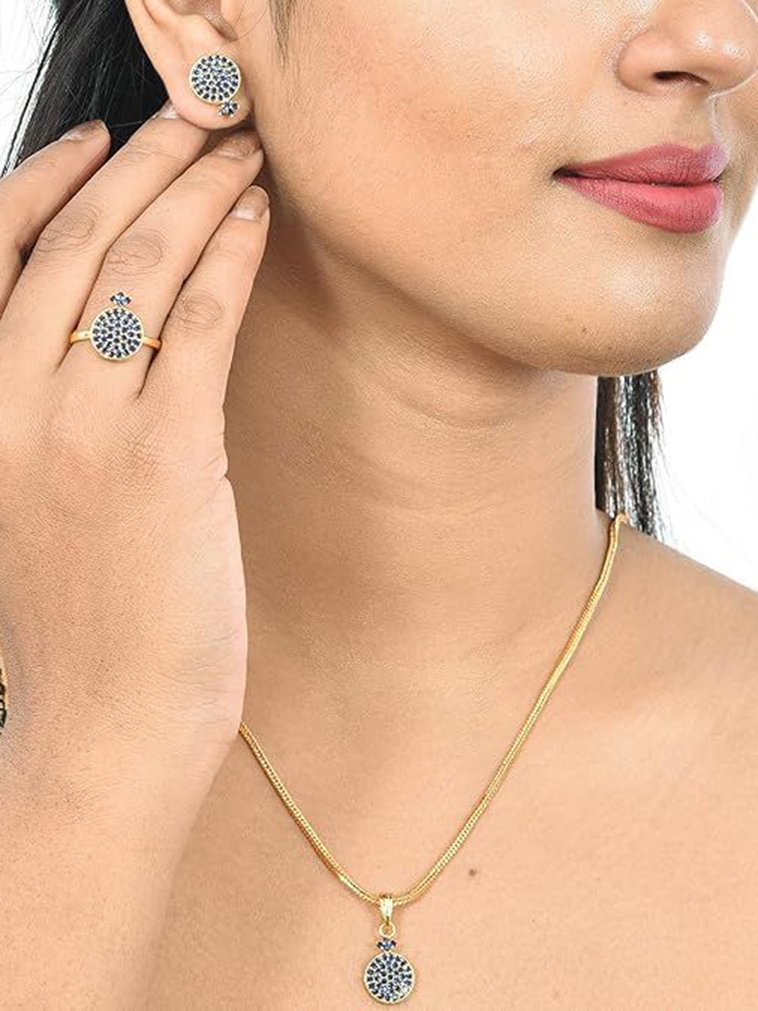 

Kezlin Gold-Plated American Diamond-Studded Pendant & Earrings With Finger Ring