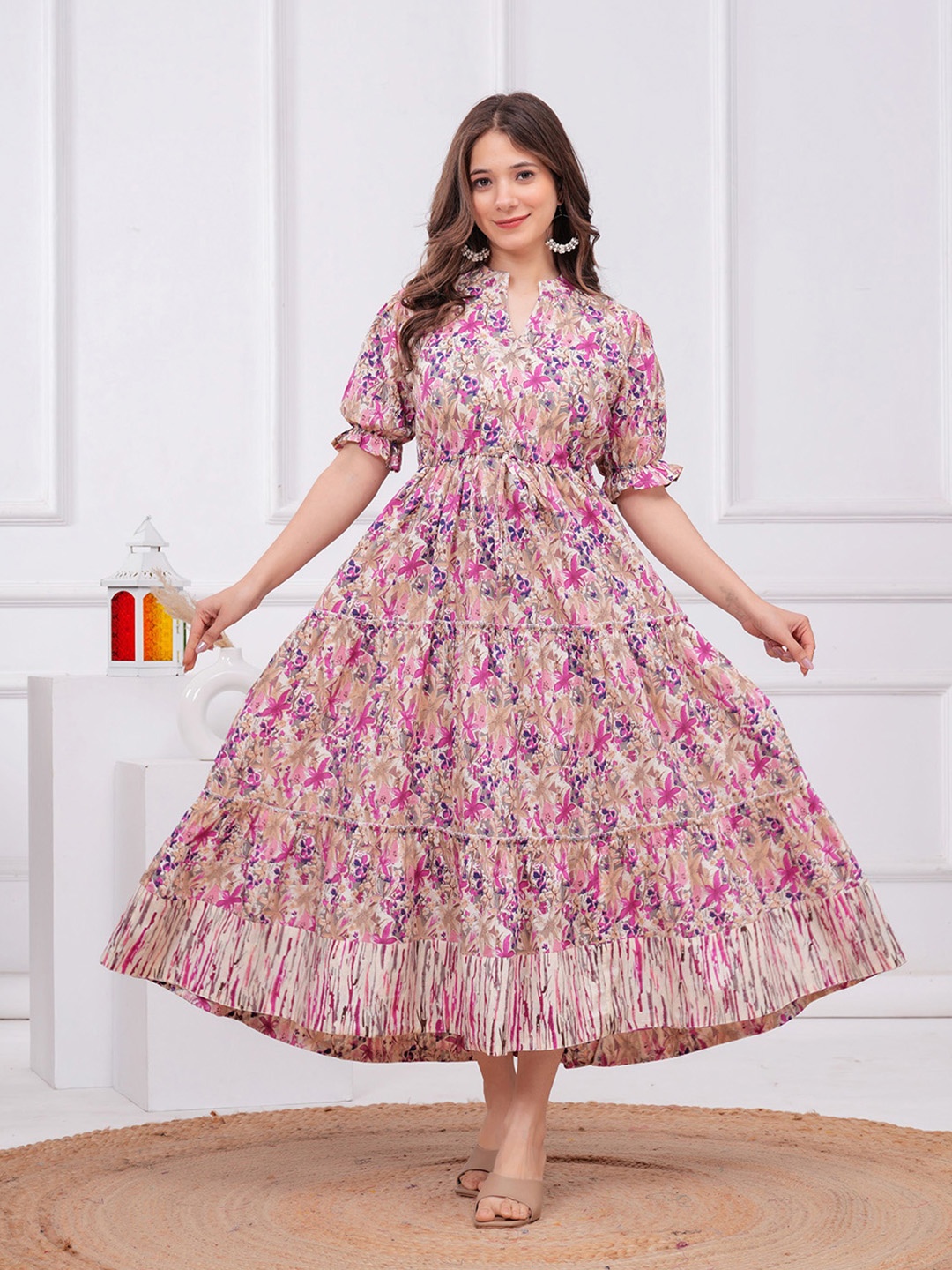 

MF ERA Floral Printed A-Line Ethnic Dresses, Pink