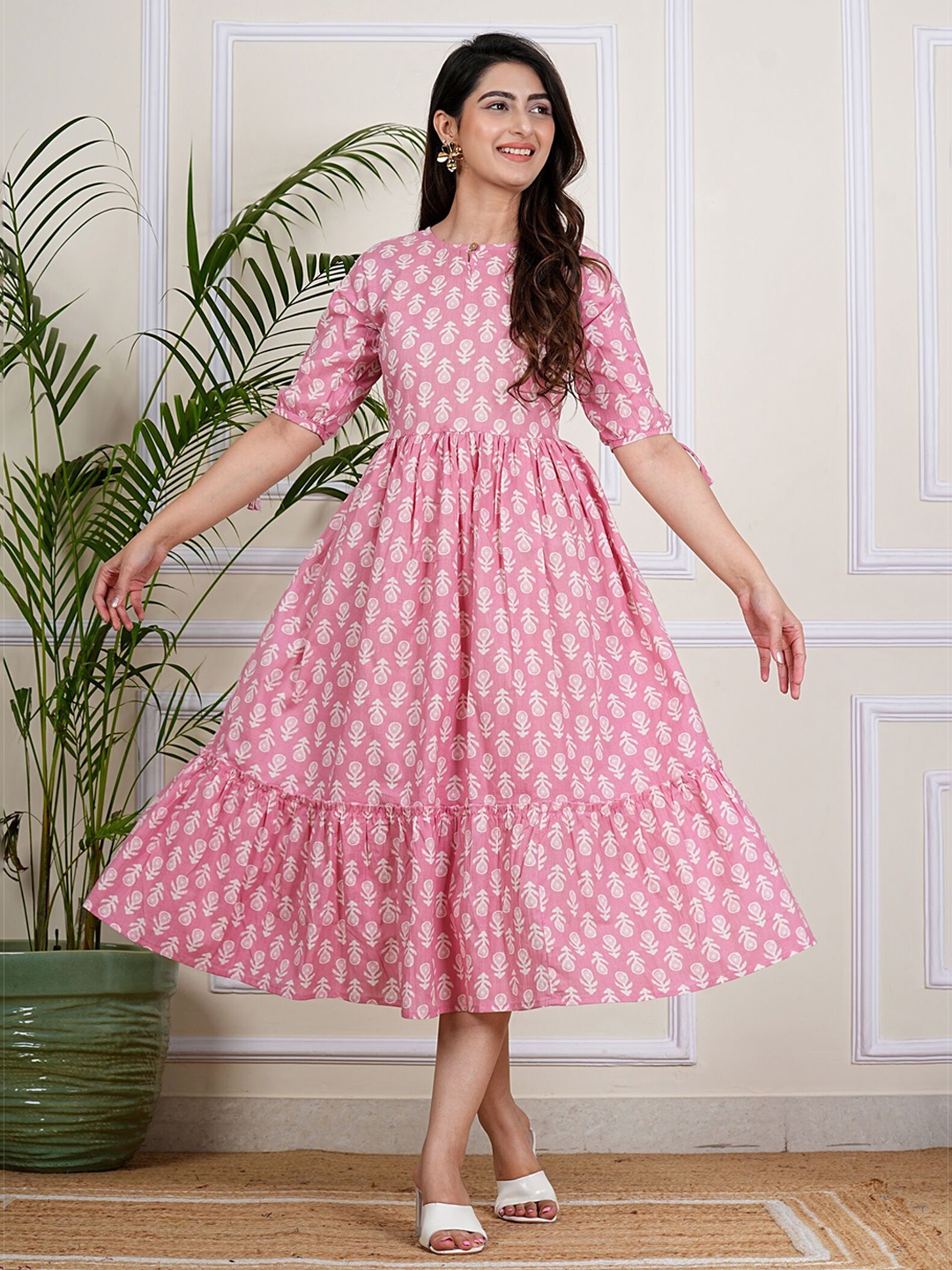 

SITA FASHION HUB Floral Printed Pure Cotton Fit & Flare Maxi Ethnic Dress, Pink