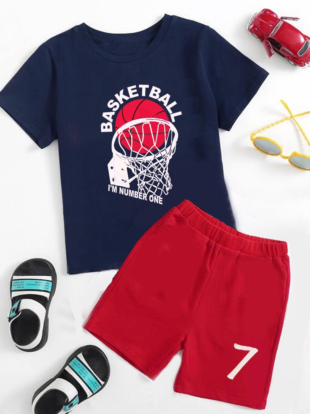 

BILLYBALL Kids Printed Pure Cotton T-Shirt With Shorts, Navy blue