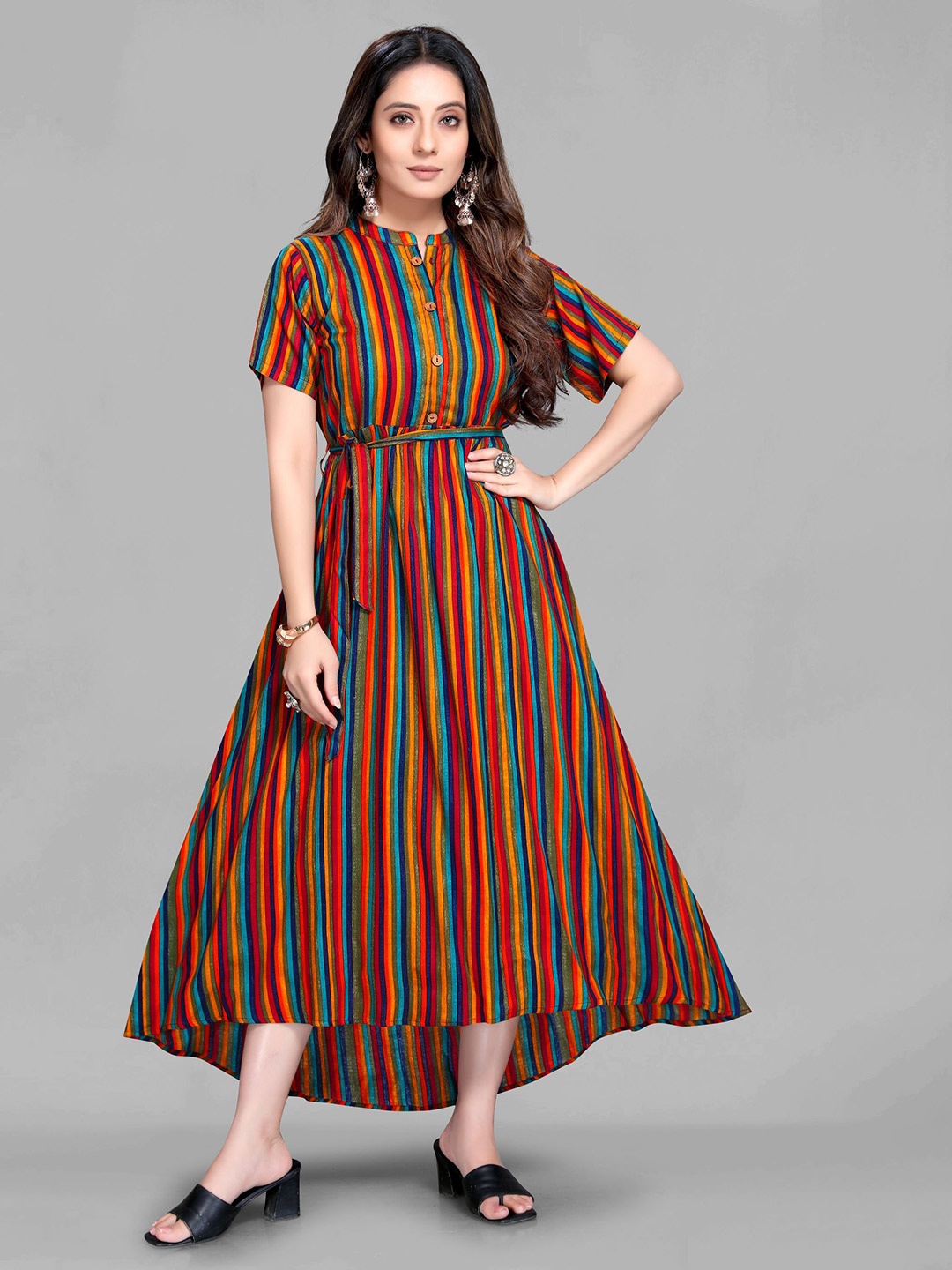 

Krimmple Women Striped A-Line Ethnic Dresses, Red