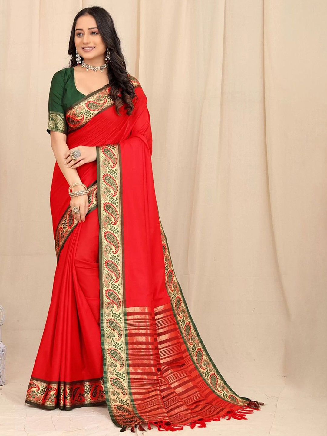 

A TO Z CART Woven Design Border Saree, Red