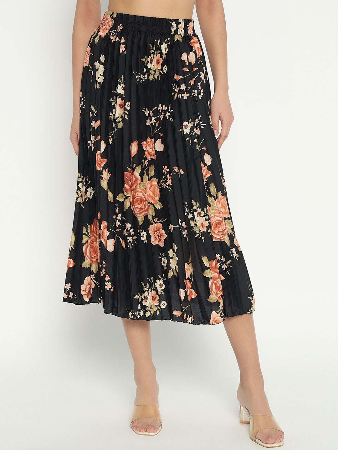 

Krunal Raiyani Women Floral Printed Accordion Pleats A Line Skirt, Black