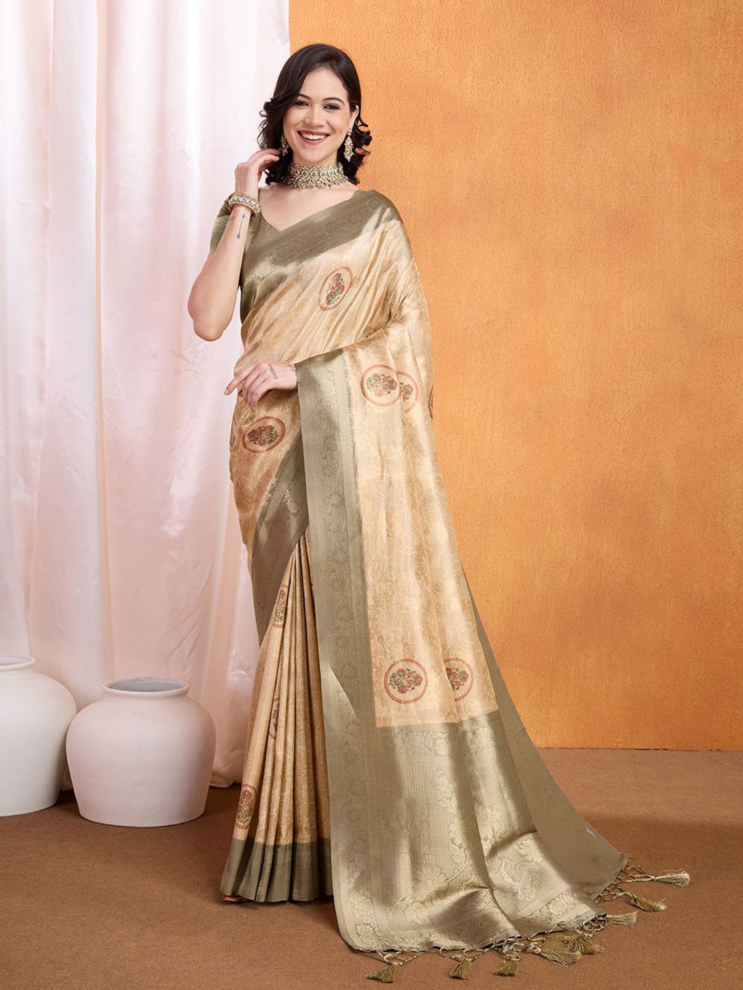 

Mitera Floral Woven Design Banarasi Saree, Beige