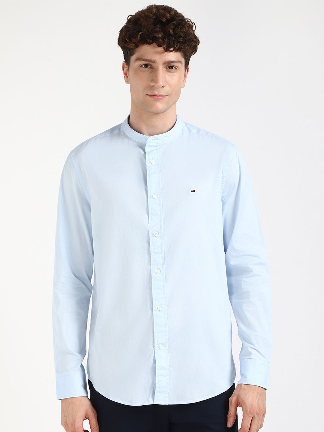 

Tommy Hilfiger Men Band Collar Solid Cotton Casual Shirt, Blue