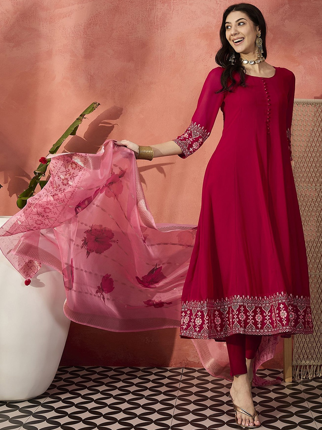 

Sangria Red Floral Embroidered Georgette Anarkali Kurta With Trousers And Dupatta