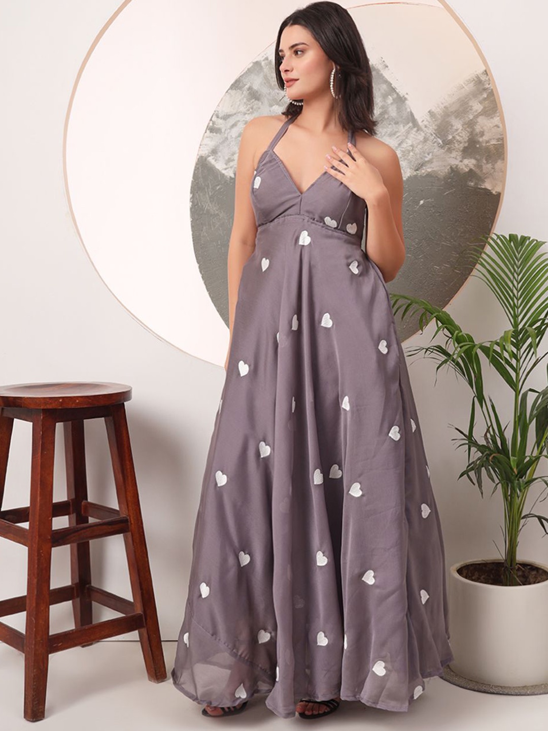 

PRENEA Women Embroidered Georgette Maxi Dress, Grey