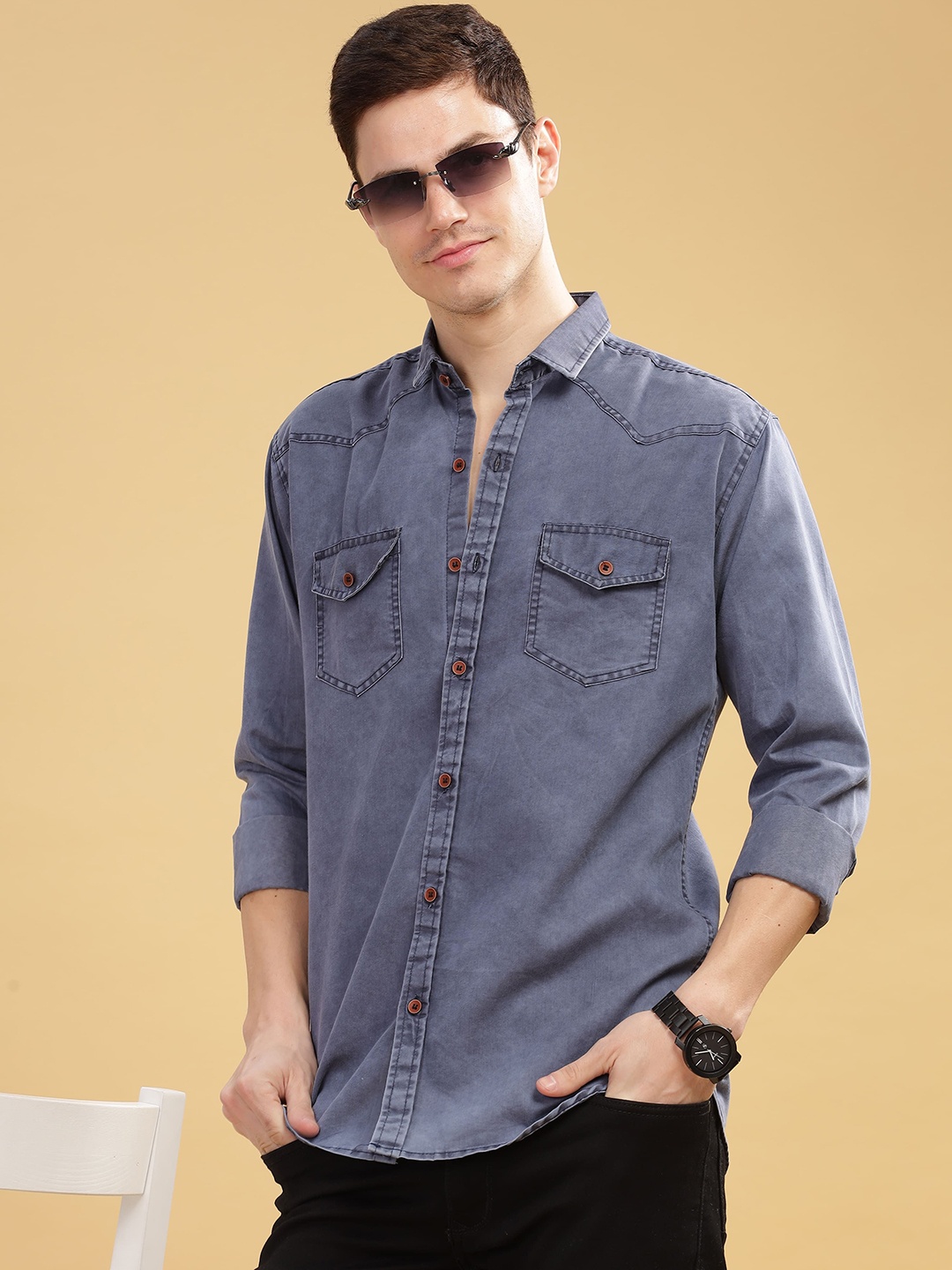 

WOXEN Men Original Spread Collar Faded Cotton Casual Shirt, Blue
