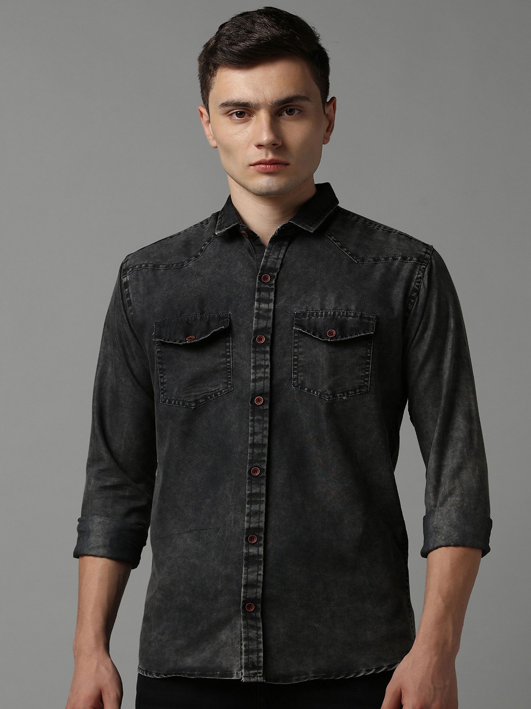 

WOXEN Men Original Fit Spread Collar Solid Cotton Casual Shirt, Charcoal