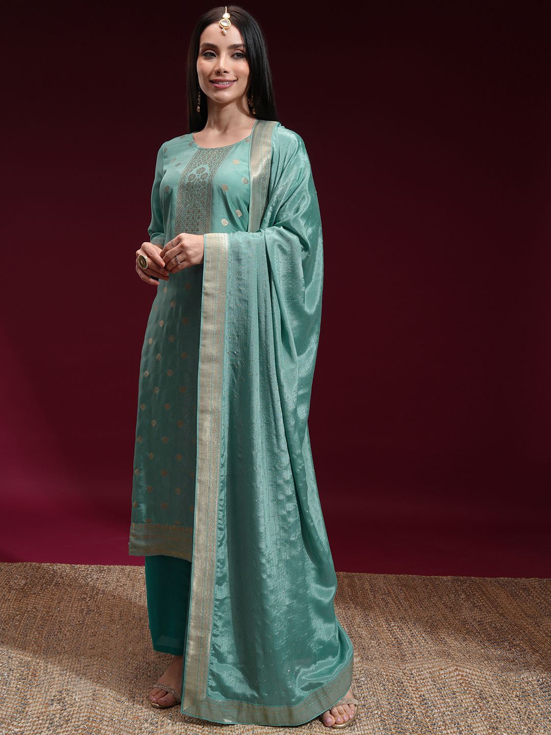 

Vishudh Women Ethnic Motifs Woven Design Zari Regular Kurta with Trousers & Dupatta, Blue