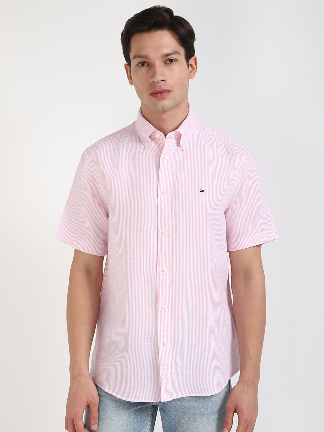 

Tommy Hilfiger Men Button-Down Collar Vertical Striped Cotton Casual Shirt, Pink