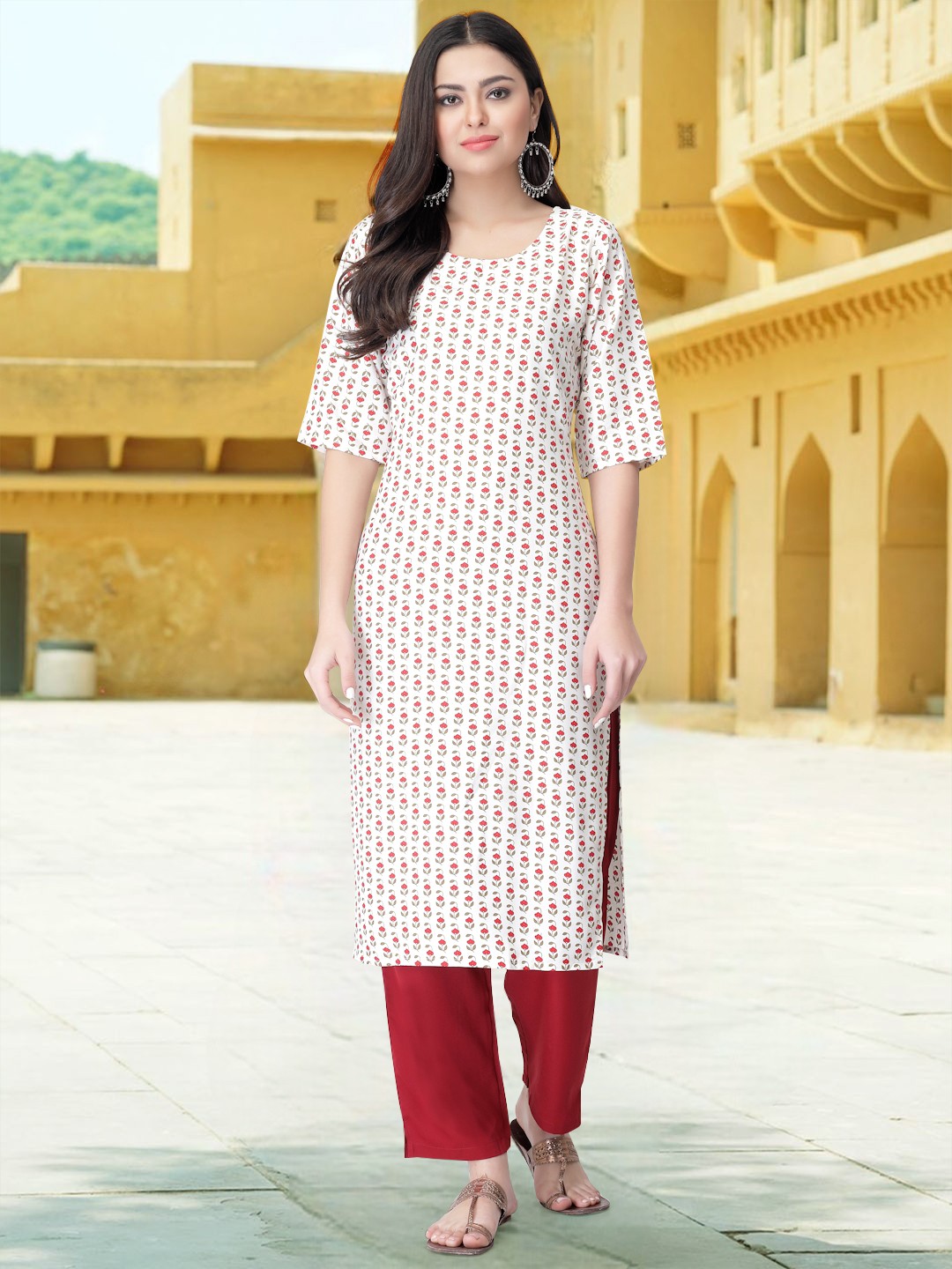 

7Threads Floral Printed Round Neck Straight Kurta With Trousers, White