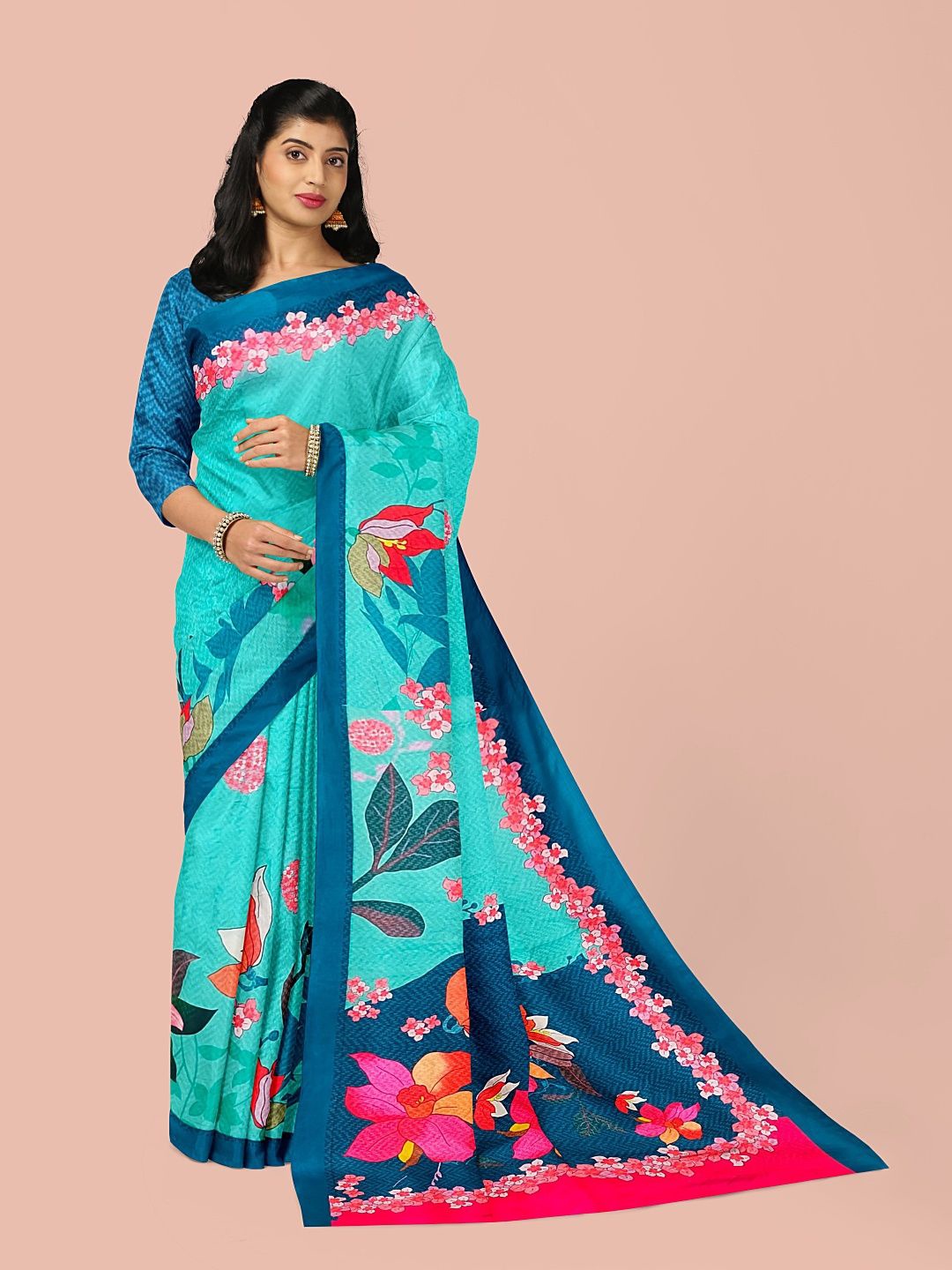 

Avyay Creation Floral Printed Saree With Printed Blouse Piece, Turquoise blue