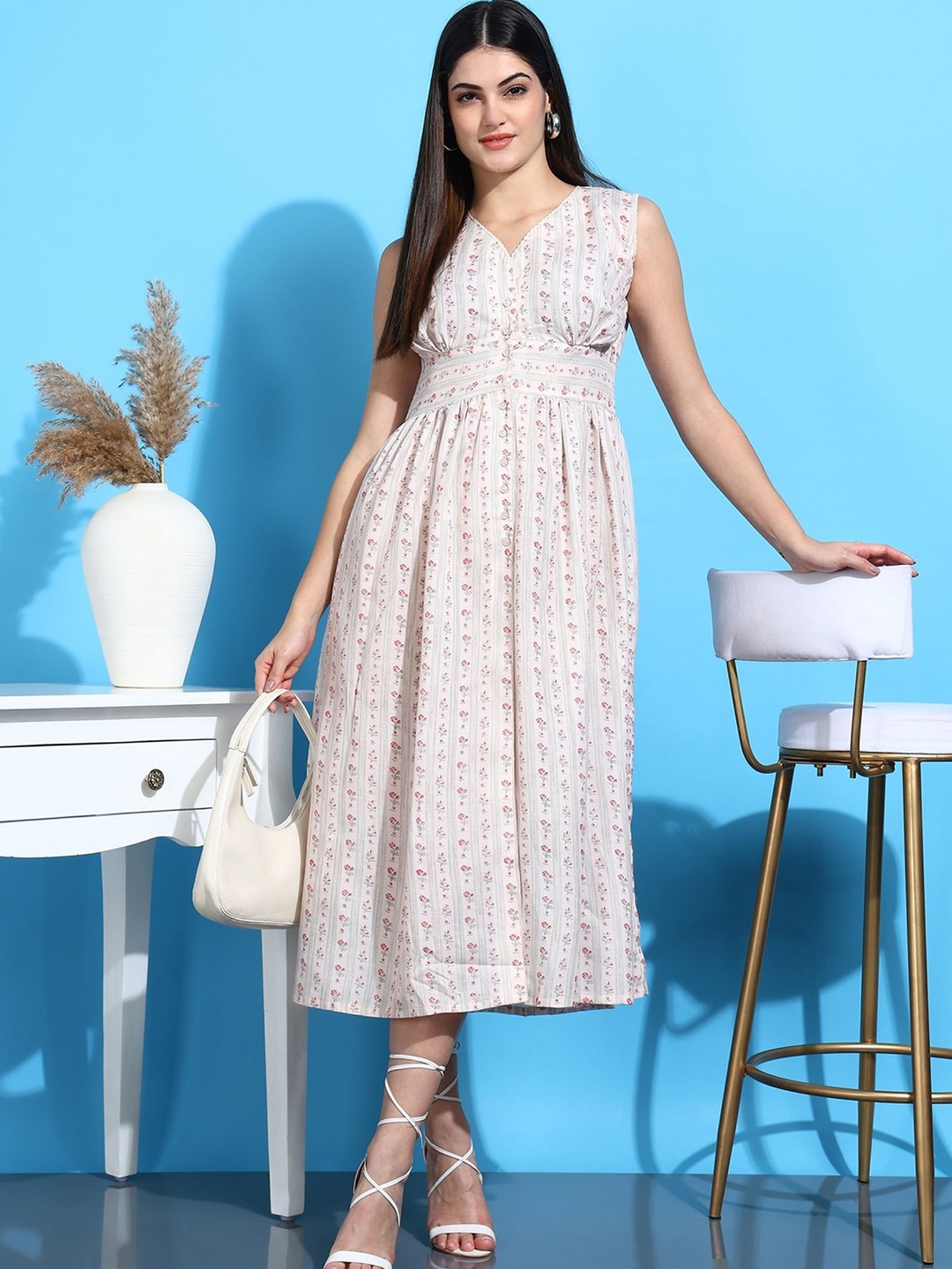 

HIVA TRENDZ Women Floral Printed A-Line Midi Dress, Beige