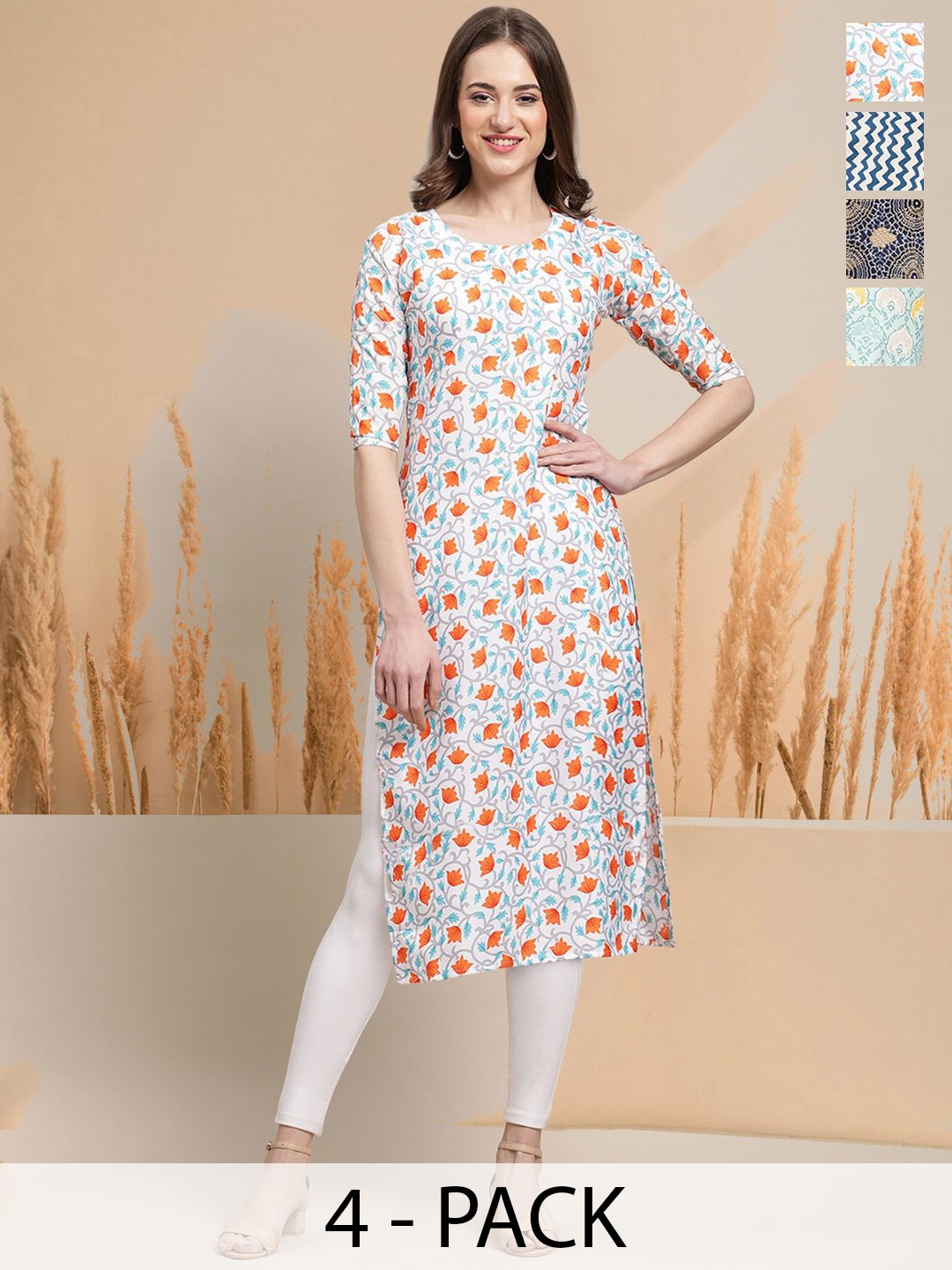 

7Threads Selection Of 4 Floral Printed Round Neck Straight Kurtas, White