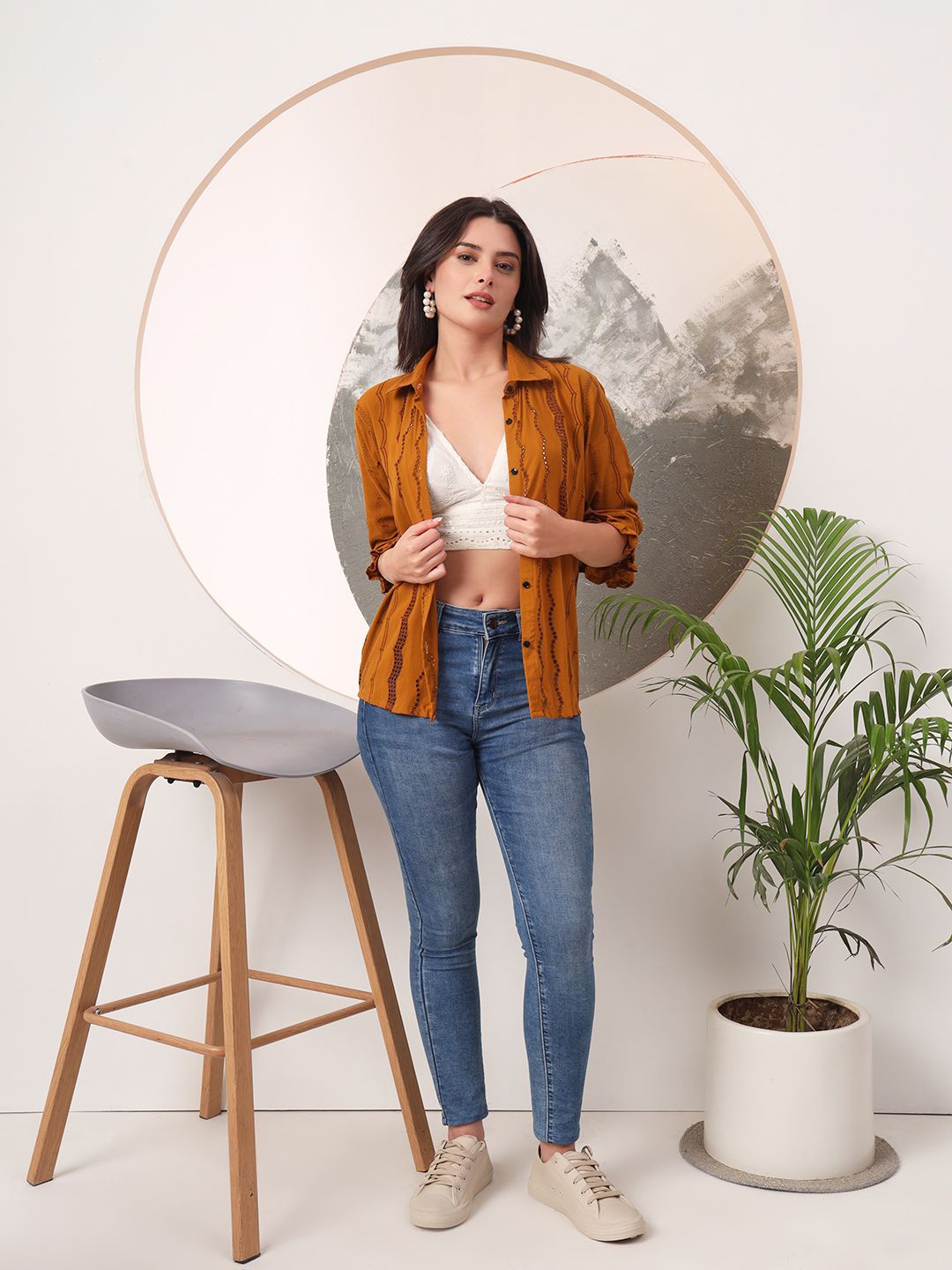 

PRENEA Women Standard Textured Self Design Cotton Casual Shirt With Hakoba Bra, Mustard