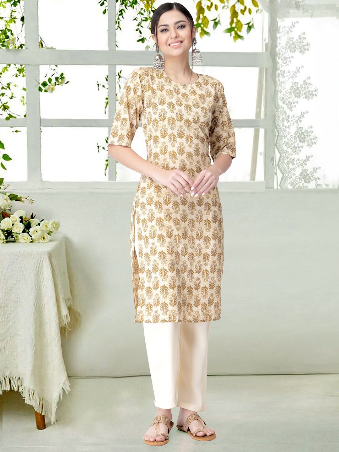 

7Threads Women Ethnic Motifs Printed Regular Kurta with Trousers, Beige