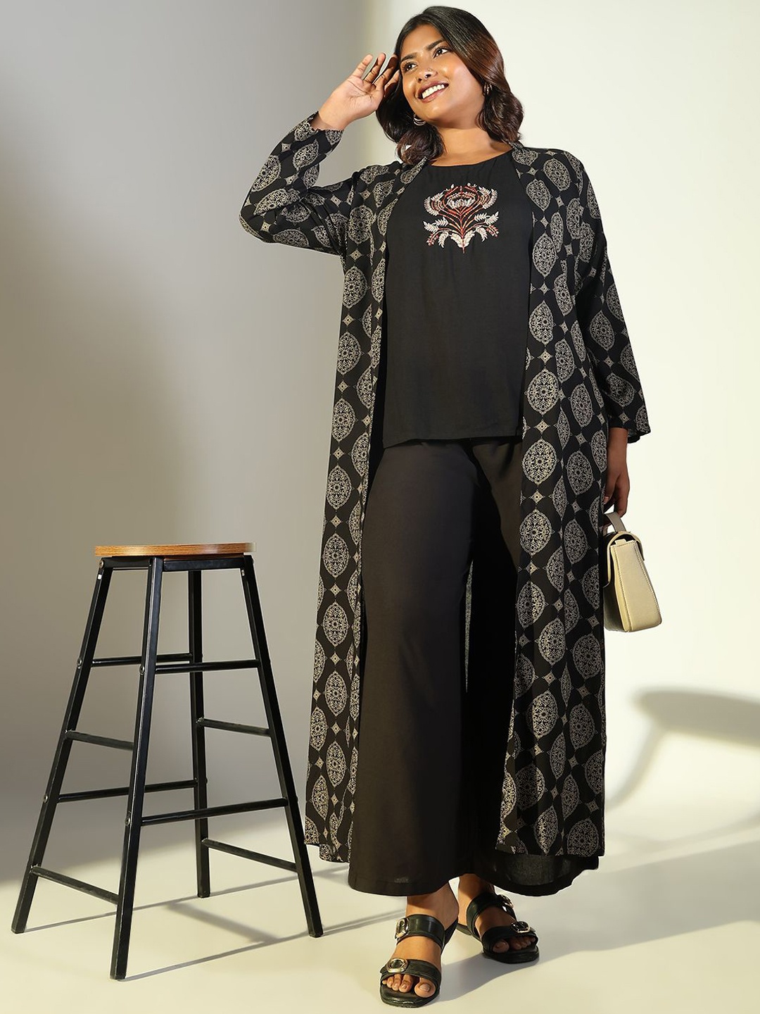 

SHOWOFF Ethnic Motifs Embordered Top & Trouser With Shrug, Black