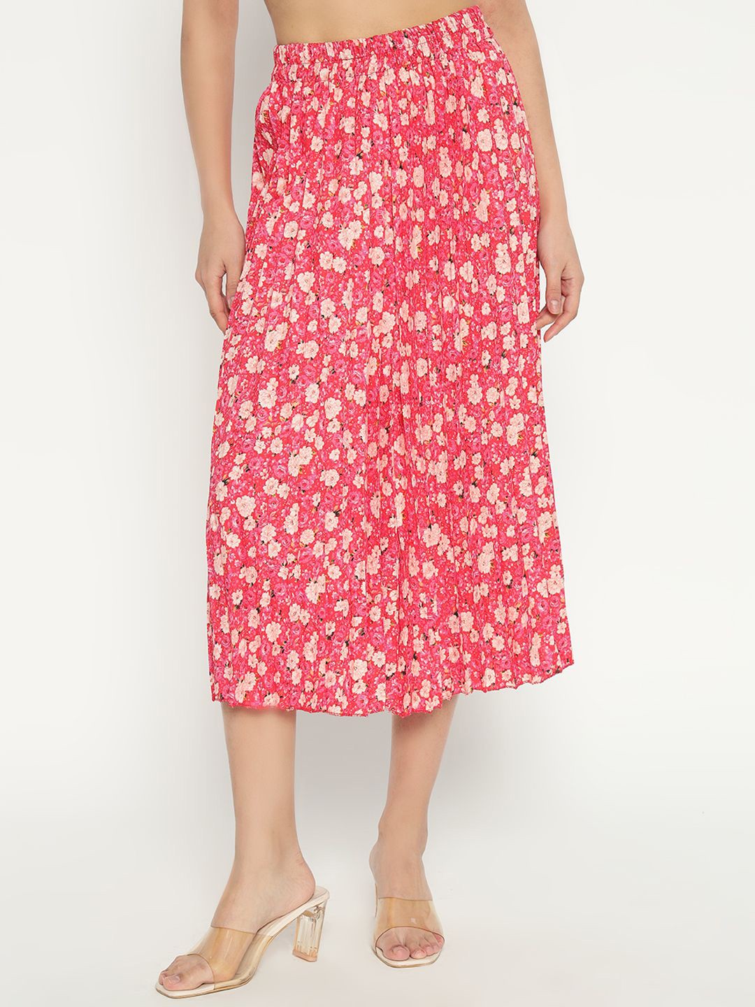 

Femvy Women Floral Printed Flared Midi Skirt, Peach