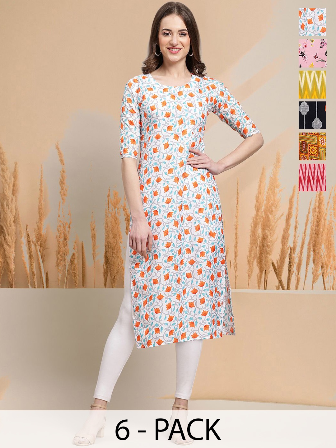 

7Threads Selection of 6 Floral Printed Round Neck Straight Kurtas, White