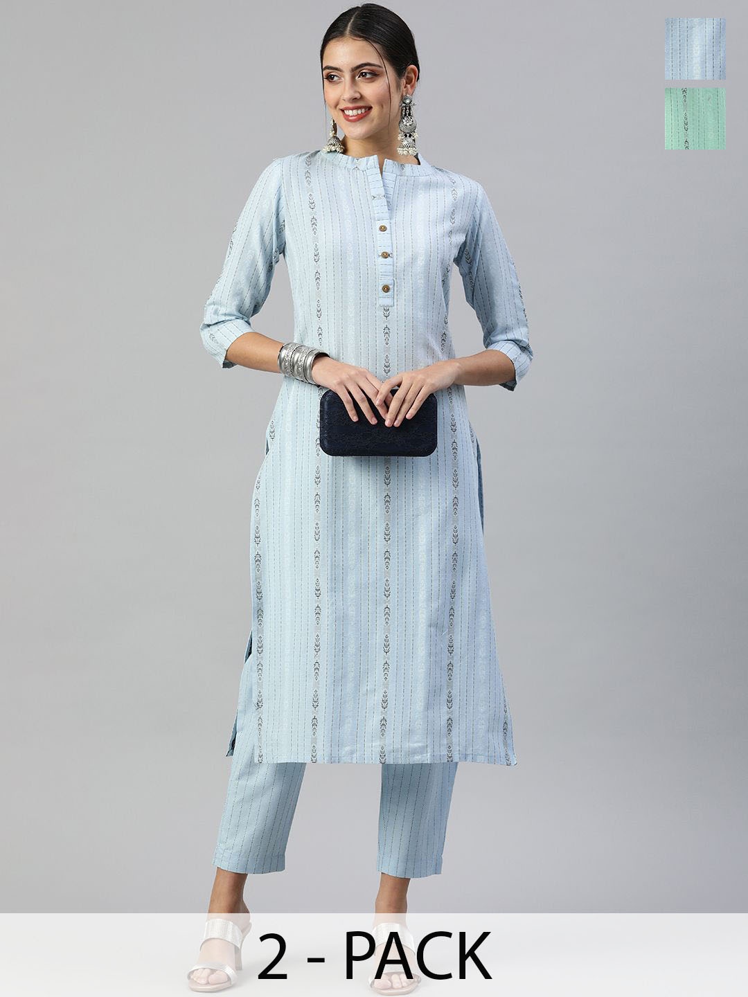 

KALINI Pack Of 2 Striped Mandadrin Collar Straight Kurta With Trousers, Blue