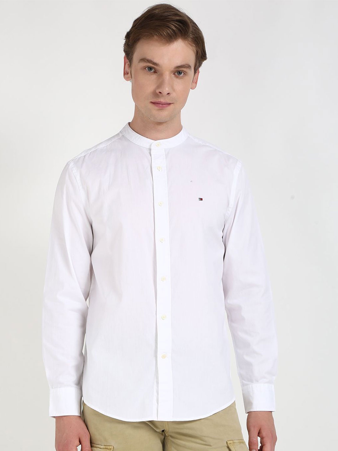 

Tommy Hilfiger Men Band Collar Solid Cotton Casual Shirt, White