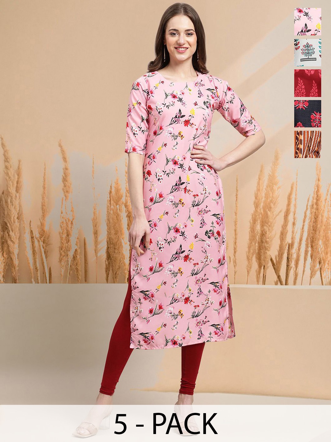 

7Threads Selection of 5 Floral Printed Round Neck Straight Kurtas, Pink
