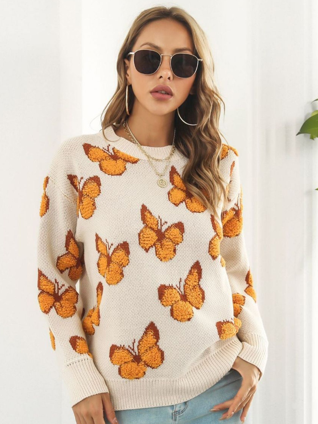 

Oh Rare Women Quirky Printed Pullover, Beige