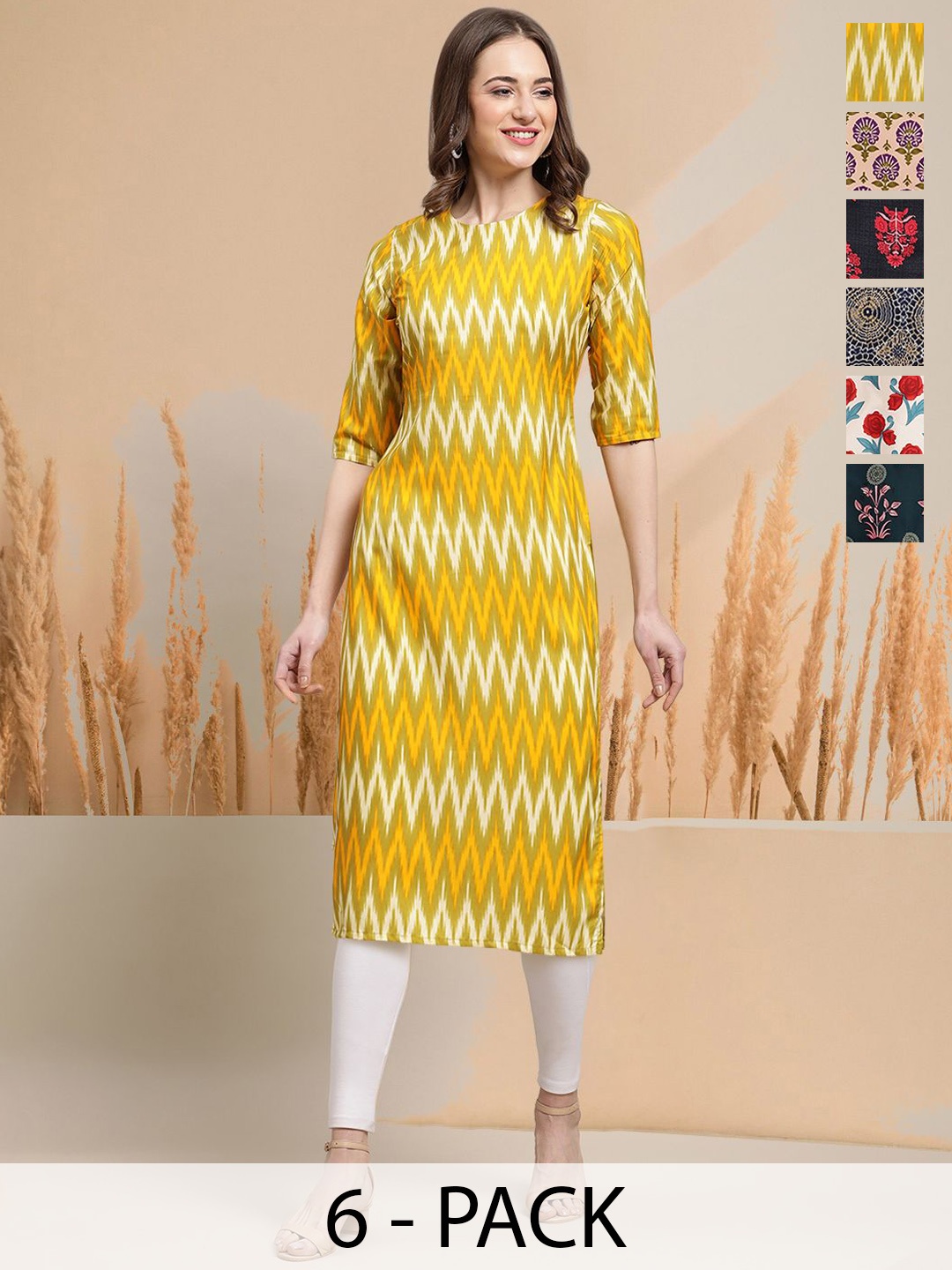 

7Threads Selection Of 6 Chevron Printed Round Neck Straight Kurtas, Yellow