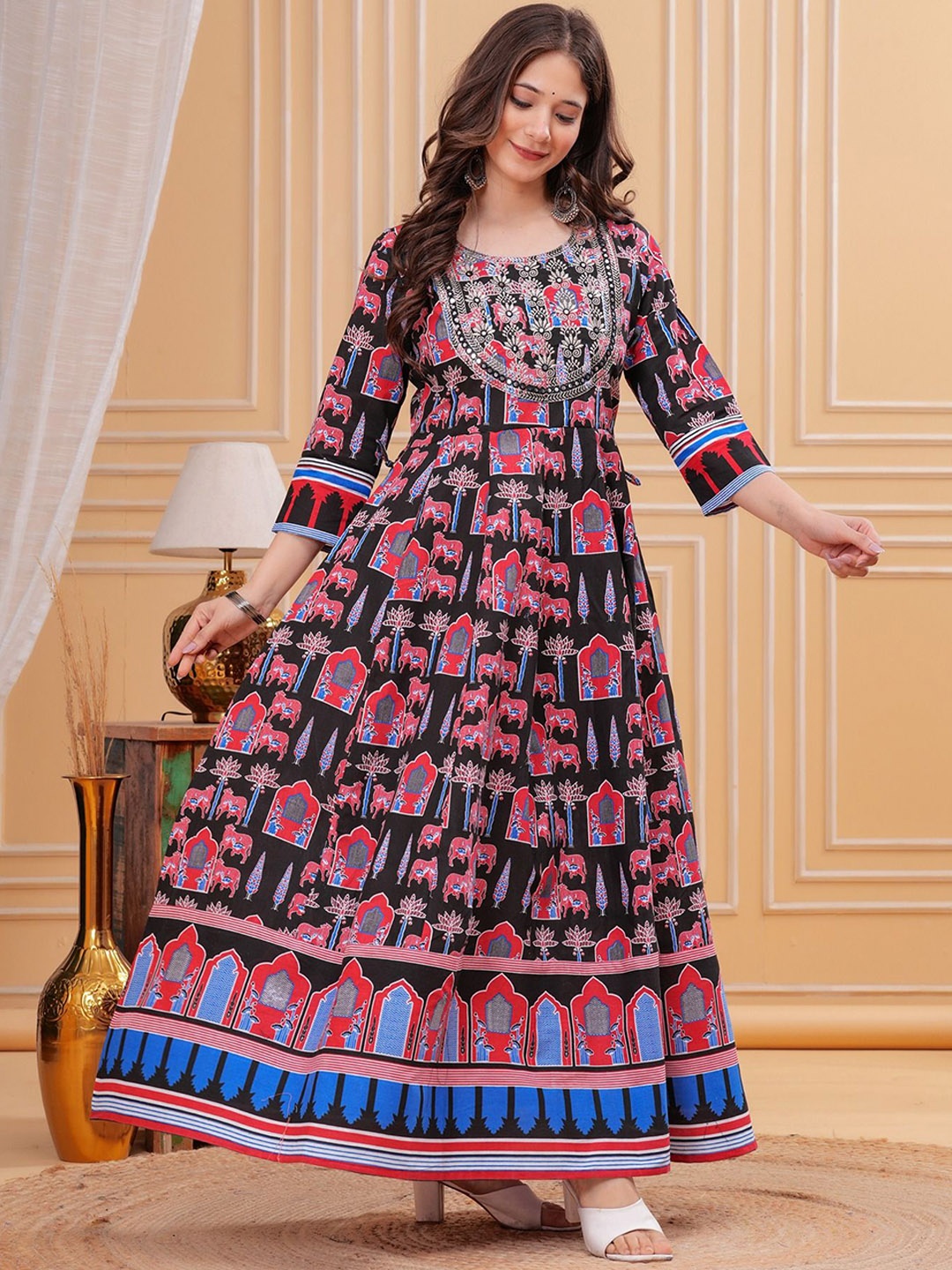 

PARTHVI Ethnic Motifs Printed Embellished Empire Pure Cotton Maxi Ethnic Dresses, Black