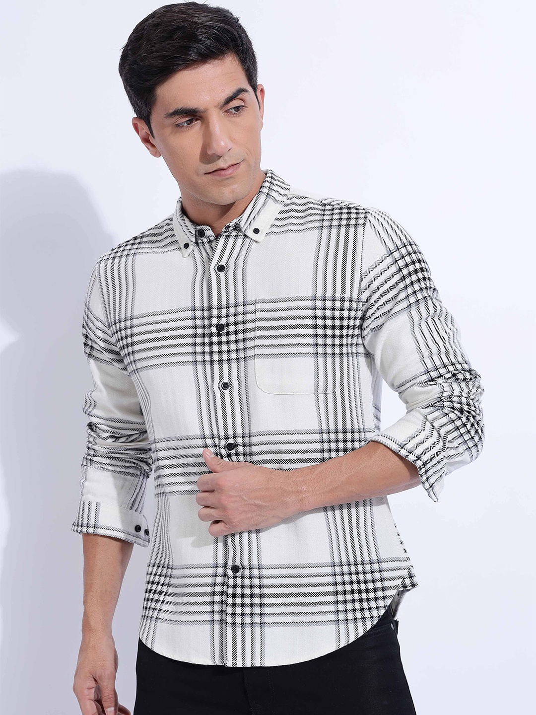 

HERE&NOW Men Slim Fit Button-Down Collar Tartan Checked Cotton Casual Shirt, White