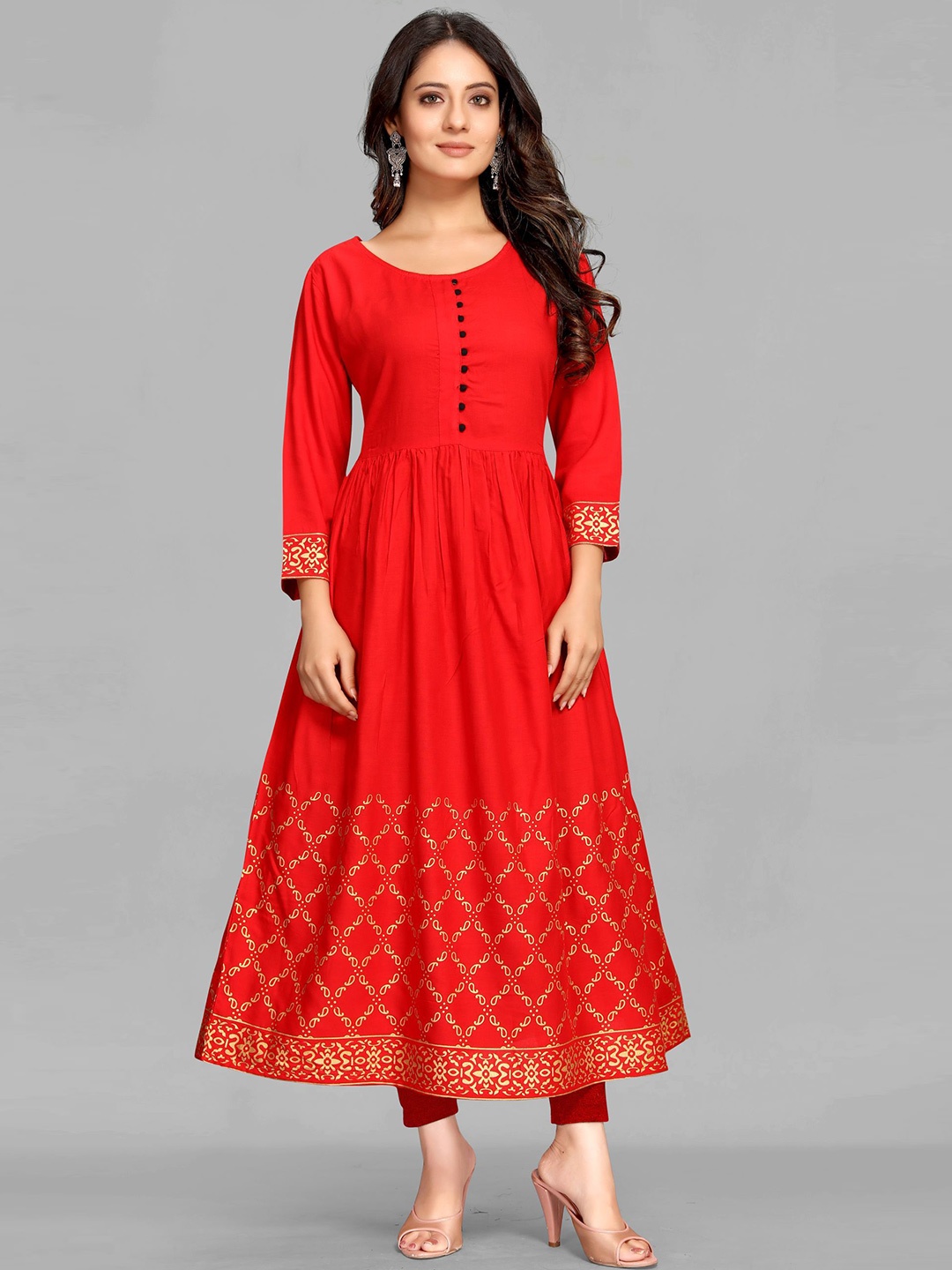

Krimmple Women Ethnic Motifs Printed Anarkali Kurta, Red