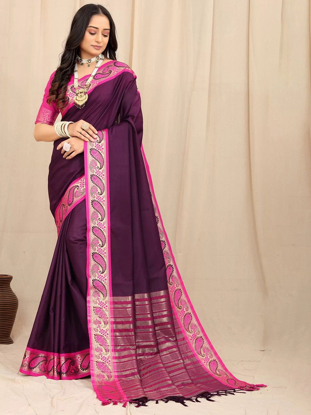 

A TO Z CART Zari Silk Blend Saree, Purple