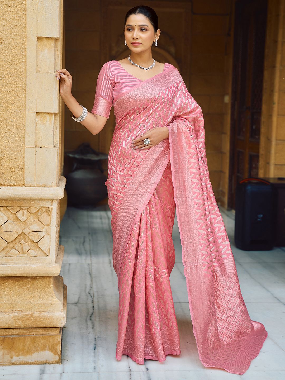 

KALINI Woven Design Zari Saree, Pink