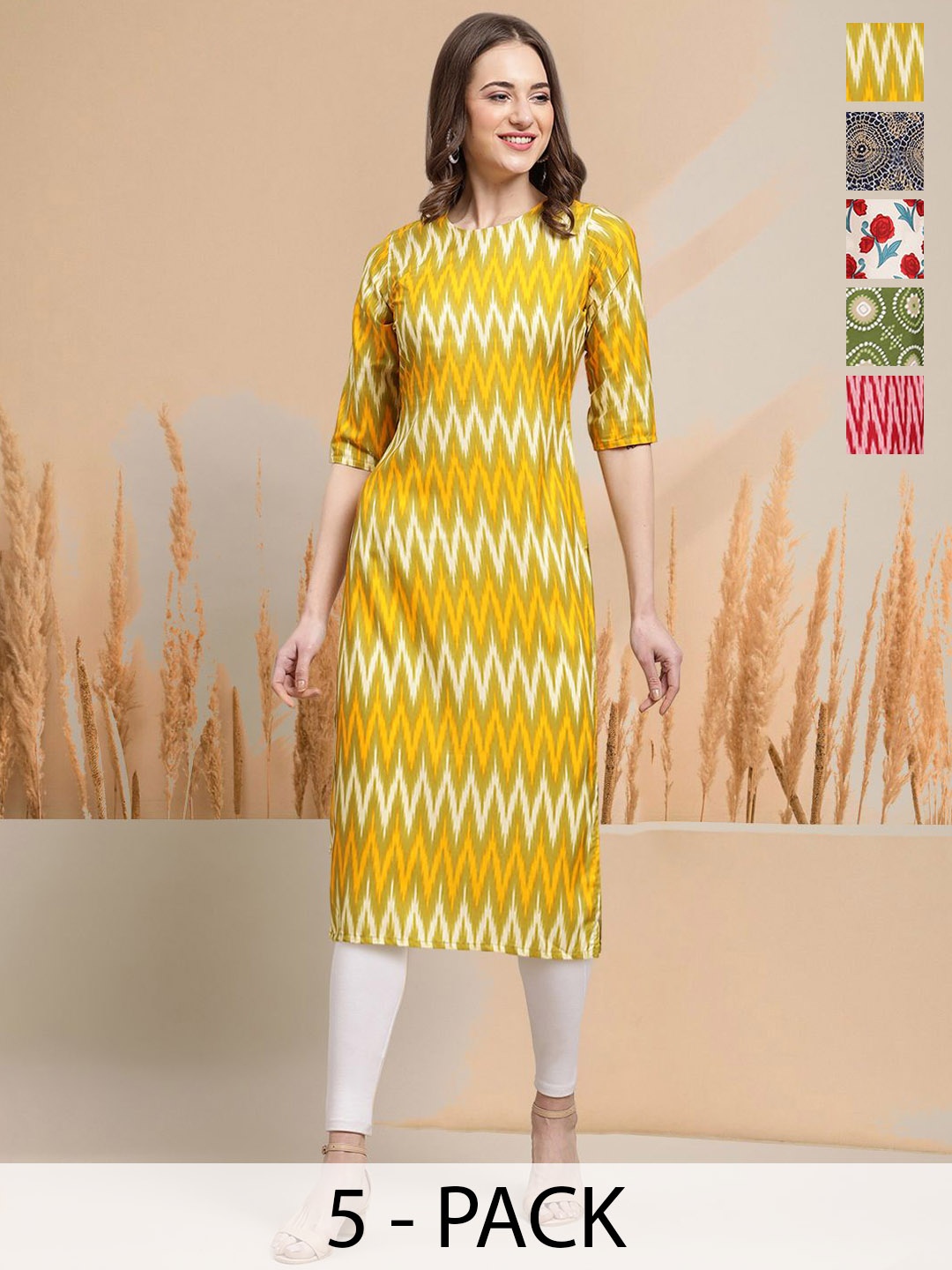 

7Threads Selection Of 5 Chevron Printed Round Neck Kurtas, Yellow