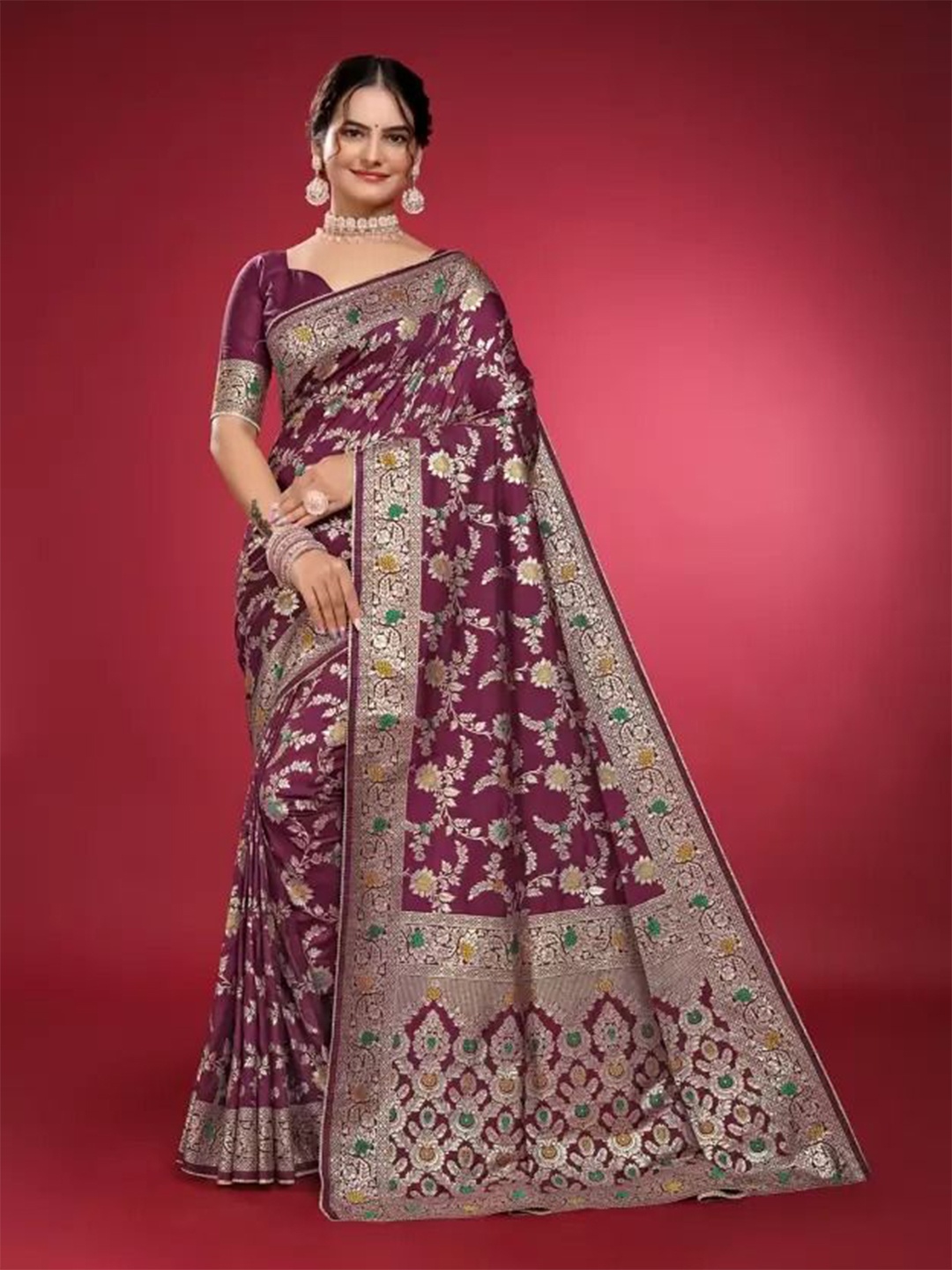 

Florence Floral Woven Design Zari Pure Silk Kanjeevaram Saree, Purple