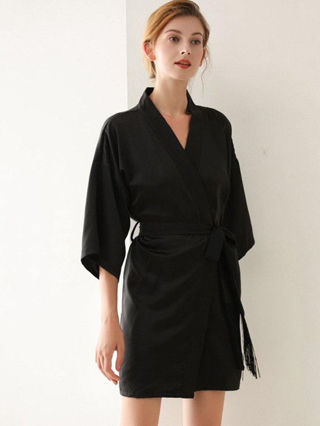 

ETC Shoulder V Neck Three Quarter Sleeve Robe With Waist Belt, Black