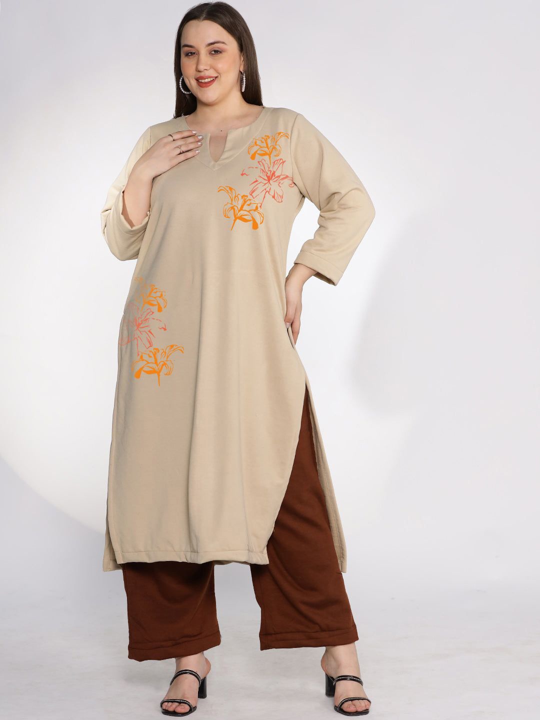 

LetsDressUp Plus Size Floral Printed Round Neck Fleece Straight Kurta, Beige