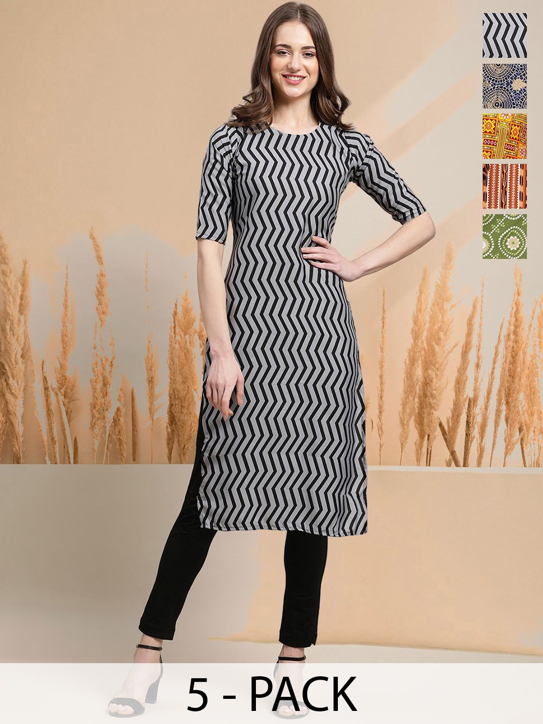 

7Threads Selection Of 5 Chevron Printed Round Neck Straight Kurtas, Black