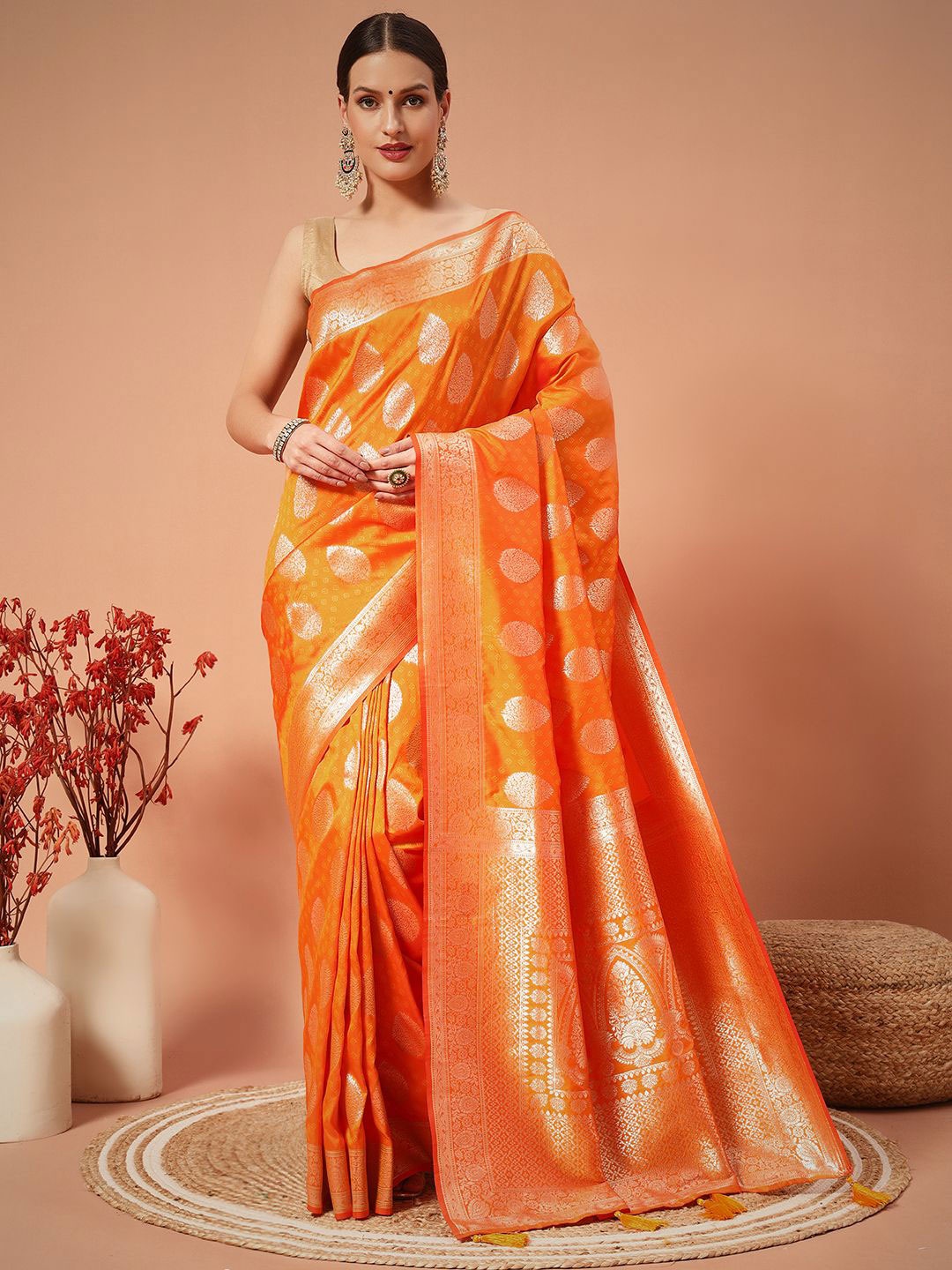 

SWAMI STUDIO Woven Design Zari Pure Silk Banarasi Saree, Orange