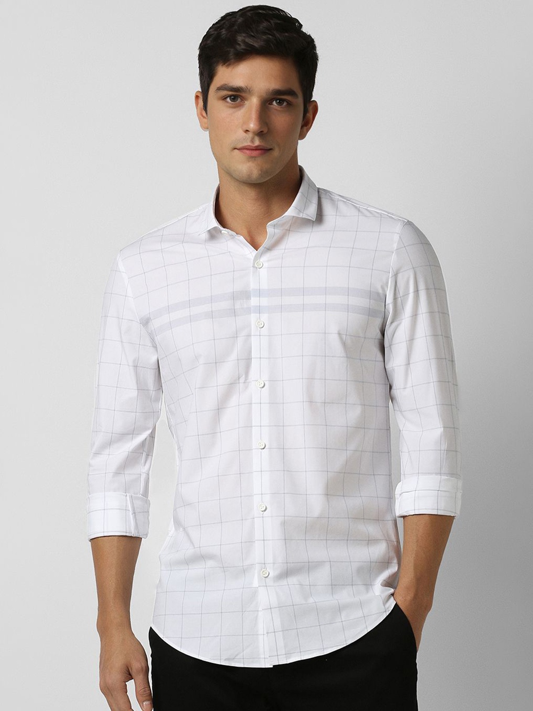 

Peter England Men Super Slim Fit Grid Tattersall Checked Cotton Casual Shirt, White