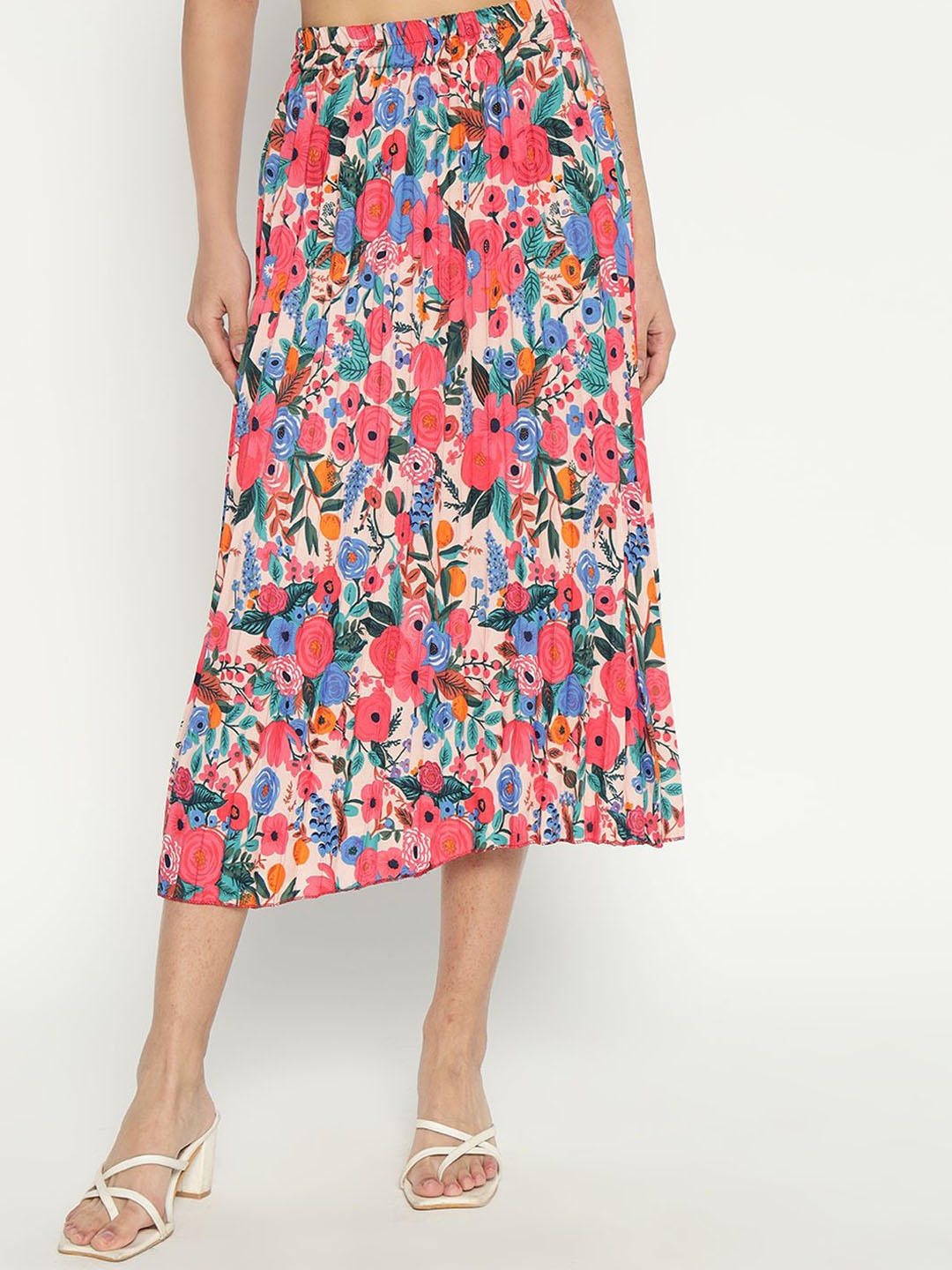 

Raiyani Enterprise Women Printed Pleated Midi A-Line Skirt, Teal