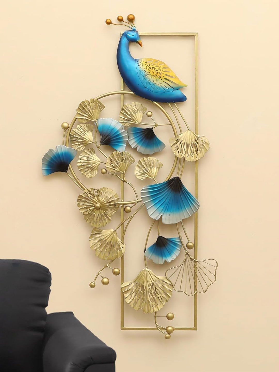

vedas Mystic Indiana Gold Toned & Blue Textured Metal Feathered Genius Peacock Wall Decor