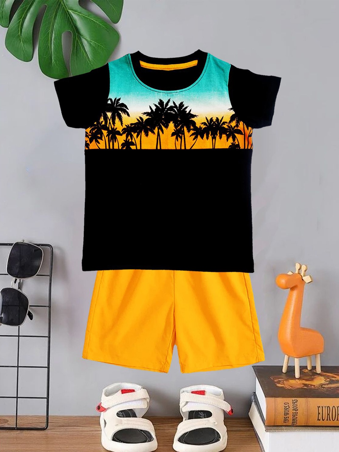 

BILLYBALL Kids Printed Round Neck Pure Cotton T-Shirt With Shorts, Black