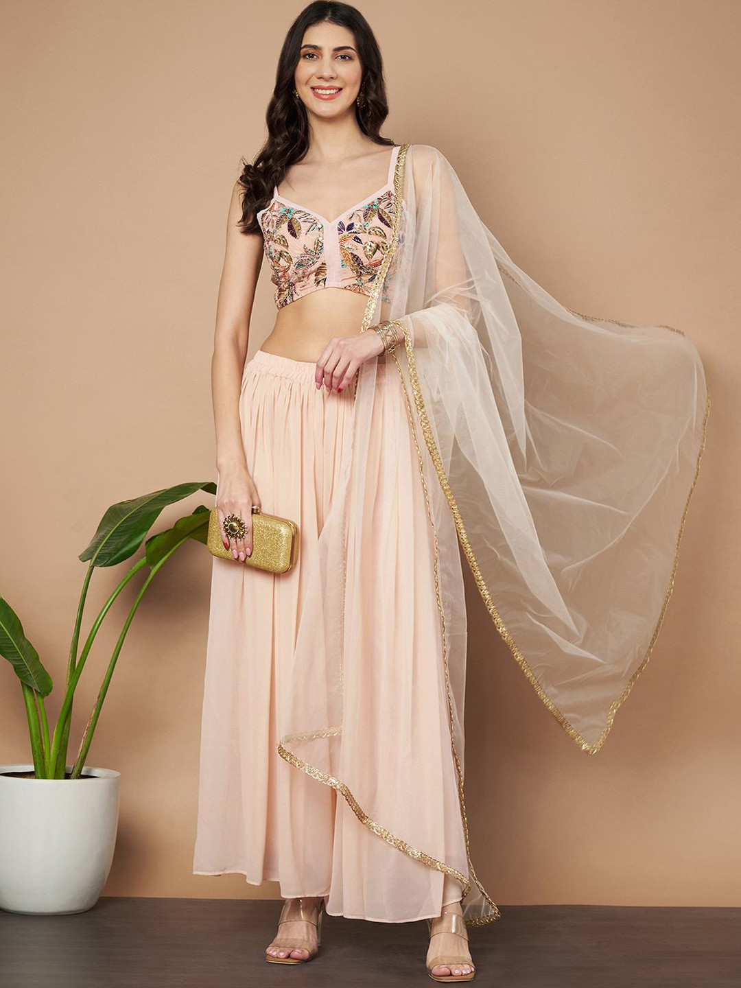 

flaher Women Sequined Top With Palazzos & Dupatta, Peach