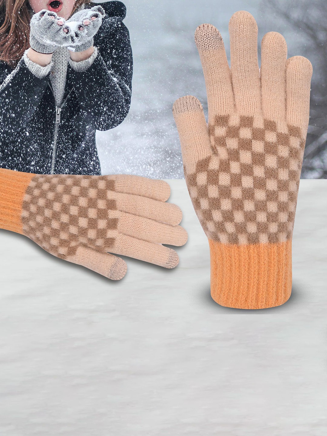 

LOOM LEGACY Women Checked Acrylic Touchscreen Gloves, Gold